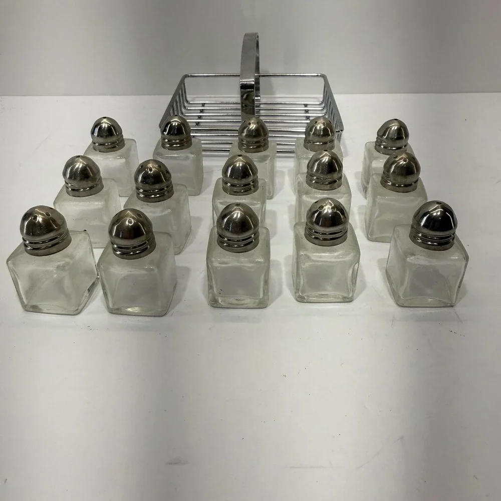 Vintage 15 Piece Glass Salt Pepper Spice Shaker Set with Chrome Caddy Rack
